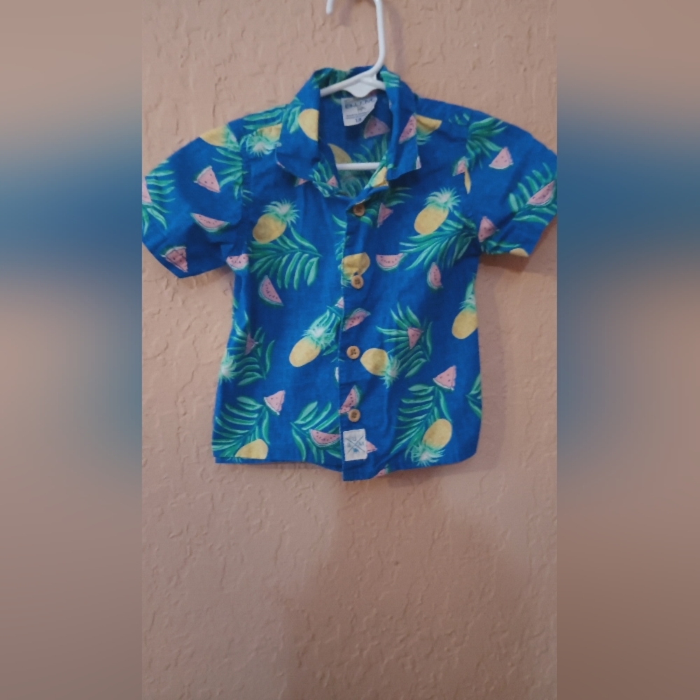 B.U.m. Baby  boy tropical fruit blue button down short sleeved shirt size 18 m